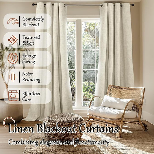 60 Inch Wide Linen Blackout Curtains for Living Room/Bedroom 84 Inch Length 2 Panels, Total Black Out Thermal Insulated Soundproof Grommet Boho Window Drapes White Liner for Modern Farmhouse, Natural