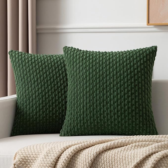 Kevin Textile Pack of 2 Corduroy Decorative Throw Pillow Covers 26x26 Inch Soft Boho Striped Pillow Covers Modern Farmhouse Home Decor for Spring Sofa Living Room Couch Bed Dark Green
