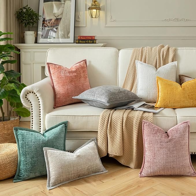 Yaertun Pack of 2 Chenille Textured Decorative Throw Pillow Covers Accent Solid Cushion Cover Soft Cozy Pillow Case with Velvet Back for Couch Sofa Bed Living Room 26x26 Inch Dusty Pink