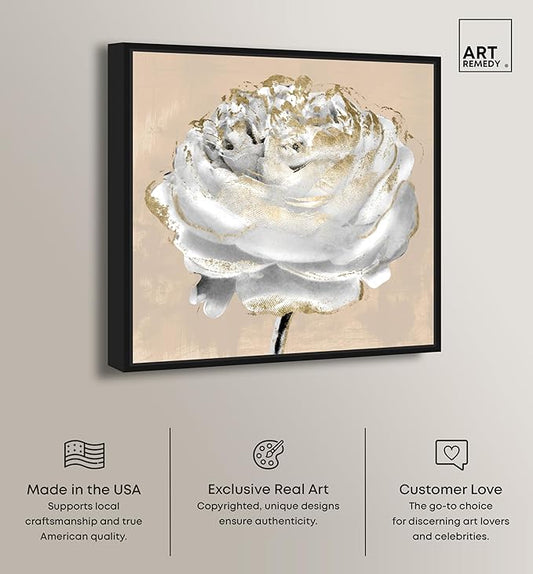 Art Remedy Beige Ranunculus Canvas Elegant White Gold Wall Art, Black Frame, 20" x 20"