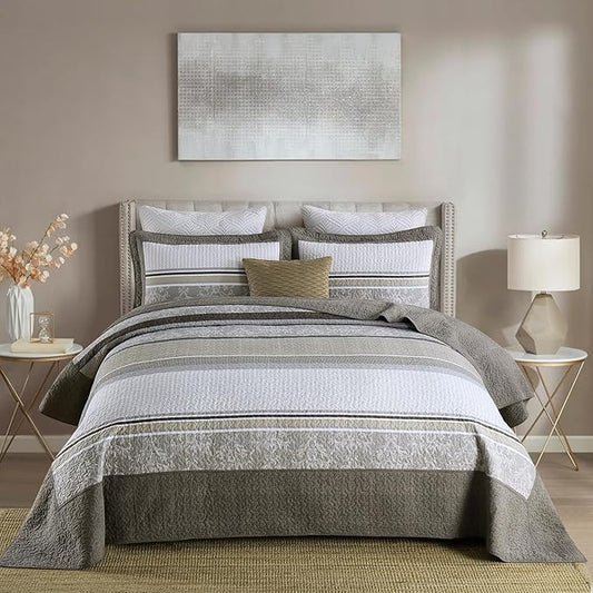 100% Cotton Oversized King Size Bedspread 120"x120" - Farmhouse Lightweight Cal King Quilt with 2 Pillowshams, Reversible Modern Striped Quilted Bed Coverlet for All Season, 3Pcs, Brown