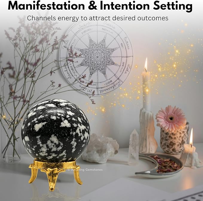 Amazing Gemstone White and Black Tourmaline Crystal Ball with Stand - 1.5 Inches Crystal Sphere Meditation Balls for Witchcraft and Decorative Balls