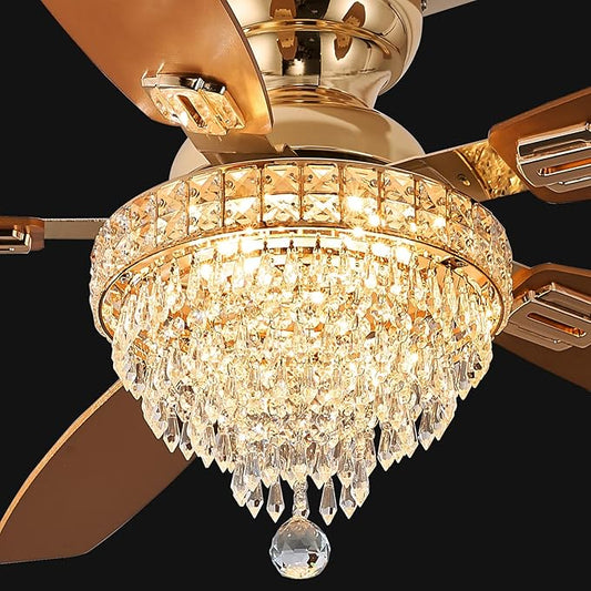 Crystal Ceiling Fan Fandelier with Lights-Ceiling Fans,50" Low Profile and Remote Control, Flush Mount, Reversible, Dimmable, Noiseless, Gold Ceiling Fan for Bedroom