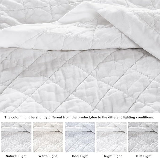 WDCOZY 100% Pre-Washed Cotton King Size Quilt Set - White Ruffle Box Soft Lightweight Bedspread, Textured Like Linen, Farmhouse Country Rustic Coverlet, Shabby Chic Gauze Bedding, 3 Pieces