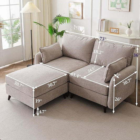 73'' Loveseat Sofa with Seats Storage, Modular Sectional Sofa with Movable Ottoman,Oversized Comfy Couches with Deep Seat,7.8'' Cushion,Couch for Living Room,Bedroom,Chenille,Khaki