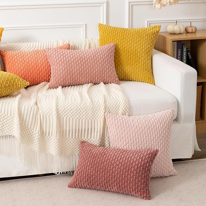 Kevin Textile Throw Pillow Covers Soft Corduroy Decorative Set of 2 Boho Striped Pillow Covers Pillowcases Farmhouse Home Decor for Couch Bed Sofa Living Room 20x20 Inch Mustard Yellow