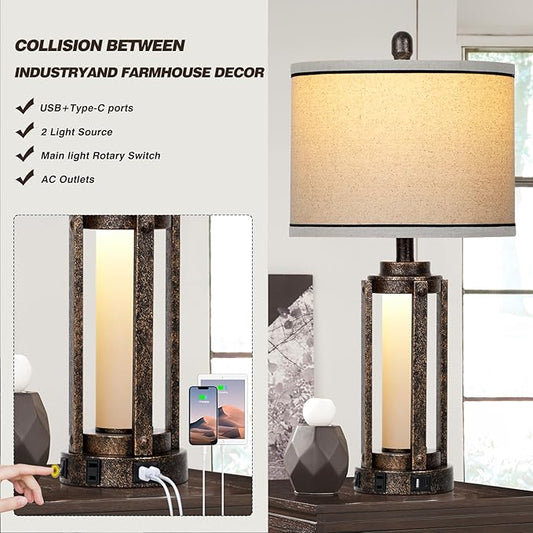 Farmhouse Lamps with USB A+C Charging Ports & AC Outlet, Rustic Vintage Industrial Table Lamps Metal Lamp with Glass LED Night Light & Beige Fabric Shade for Living Room Bedrooms Nightstand Bronze