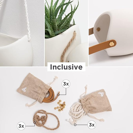 Kazai. Wall Planters -Ellie- | Hanging Ceramic Plant Pots 3 Pieces | Wall Decoration for Indoors, Balcony and Garden | Cream (Matte)