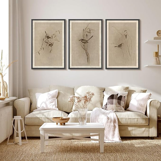 MUDECOR Framed Wall Art Print Set Vintage Bird Wheat Ear Illustrations Modern Art Boho Decorative Colorful Chic for Living Room, Bedroom, Office - 24"x36"x3 Black