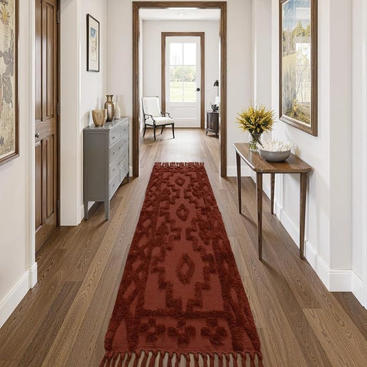 Uphome Boho Runners for Hallways 2' x 8', Washable Farmhouse Entryway Runner Rug, Cotton Tufted Bedroom Runner Rugs, Bohemian Tribal Aesthetic Rug for Kitchen Doorway Bathroom Living Room, Terracotta