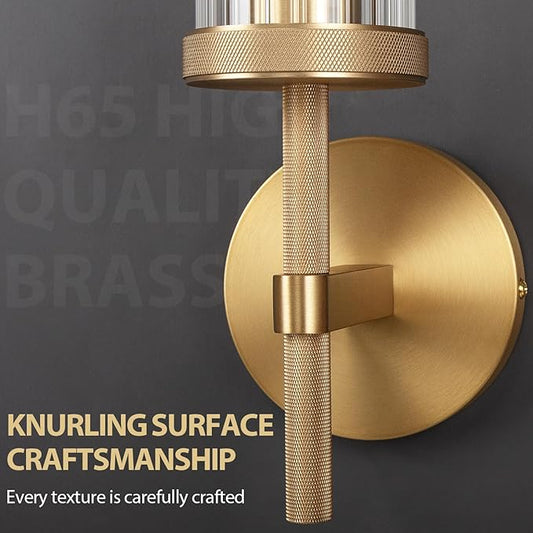 15" Knurled Brass Wall Sconces Set of 2, Gold Bathroom Vanity Light Fixtures with Vertical Striped Glass Tube, Modern Lamp Lighting for Bedroom, Living Room, Hallway, Staircase, Mirror, Kitchen