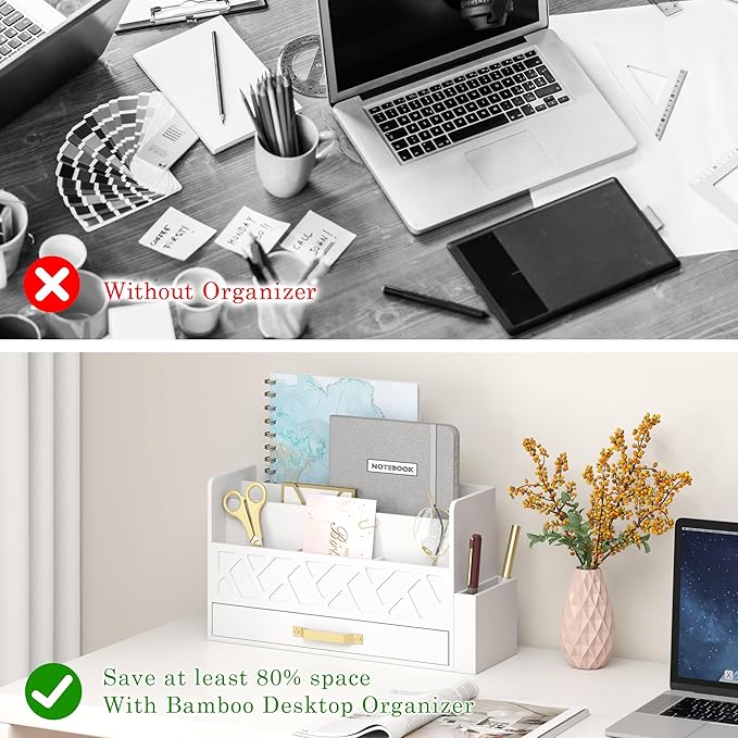 Wooden Desk Organizer,Desktop Organizer File Sorter for Office Supplies, Mail Organizer with Drawer,Desk Accessories & Workspace Organizers for Women (White)