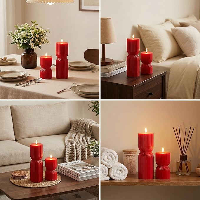 Red Ribbed Flameless Pillar Candles with Remote, Battery LED Wax Candles Flickering Valentines Day Decor Gift Set of 2