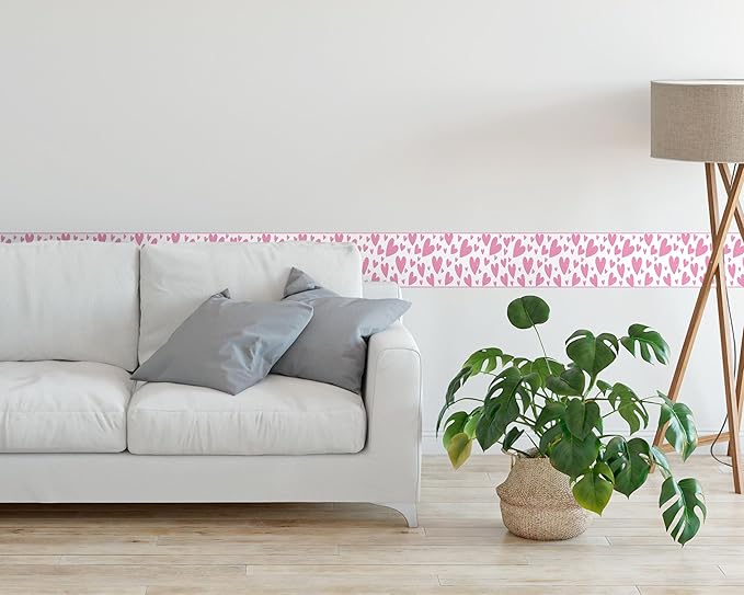 FLFK Pink Heart Wallpaper Border - Peel and Stick Wall Paper, Self Adhesive Removable PVC Borders Sticker, Modern Waterproof Trim for Home Decor, 8" x 240"