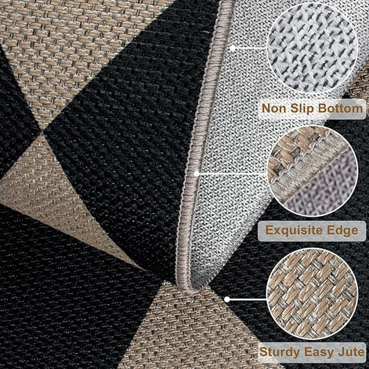 Easy Jute Checkered Entryway Rug, 2.6x4 Black Modern Indoor Outdoor Doormat, Washable Non-Slip Neutral Kitchen Rug Farmhouse Diamond Throw Rugs for Entrance Bedroom Bathroom