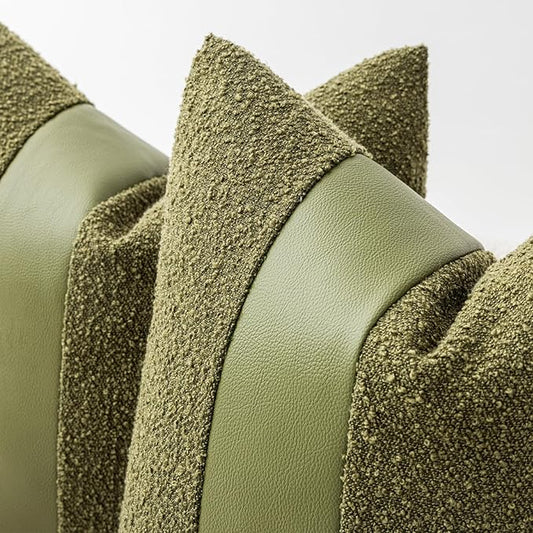 18"x18" Forest Green Boucle Throw Pillow Covers with Faux Leather Accents Set of 2 Fluffy Textured Decorative Pillow Cases for Couch Bed Boho Farmhouse Square Cushion Covers for Nordic Home
