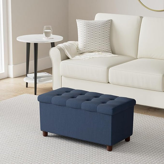 30 Inches Storage Ottoman Bench, Storage Bench with Wooden Legs for Living Room Folding Ottoman Foot Rest Removeable Lid for Bedroom End of Bed, Linen Fabric Blue