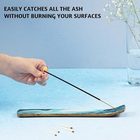 Folkulture Set of 2 Incense Holder or Incense Burner for Insence Sticks, Insence Burner Holder for Home Decor or Ash Catcher, Inscent Tray or Insense Stick Holders, Mango Wood, Blue and Green Agate