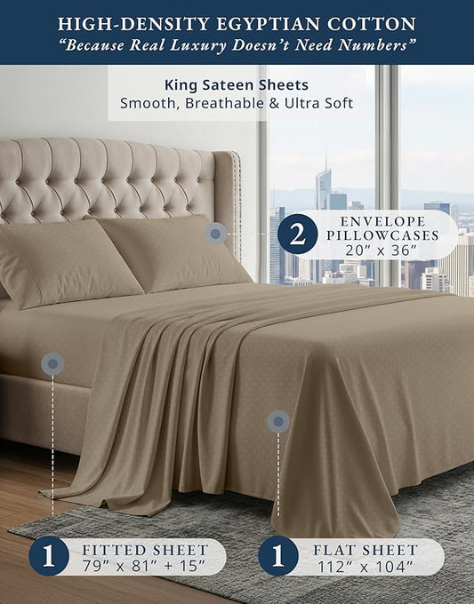 100% Egyptian Cotton Sheets King Size– Silky Sateen Weave for All Season Comfort, 15" Deep Pocket King Sheet Set, OEKO-TEX Certified, Fade Resistant, Durable Hotel Comfort at Home -Swiss Dot Taupe