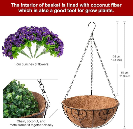 Artificial Hanging Flower Plants with Basket for Spring Summer Outdoor Decoration, Faux Petunias Flowers Fake Morning Glories Planter for Outside Patio Garden Porch Balcony Yard Decor(Purple)