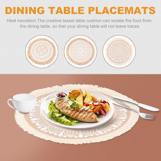 Tassel Mandala Round Placemats Set 3Pcs, Jute Fabric Woven Dining Table Placemats, Heat Resistant Macrame Place Mats for Farmhouse Kitchen and Indoor Table Decor