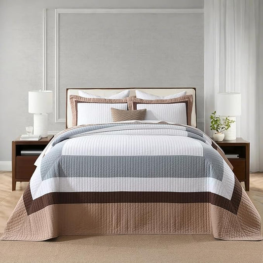 SahSahCasa 100% Cotton 120"x102" Oversized Bedspread Coverlet Quilt Set, Oversized Queen Quilted Bedspread Reversible Extra Large Quilt, XL Bed Spread Lightweight Comforter, 3pc, Brown/Gray/White