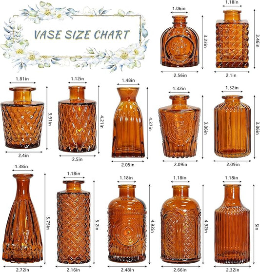12Pcs Glass Bud Vase Set, Small Dark Brown Flower Vase for Centerpieces, Bud Vases in Bulk, Mini Vintage Vase for Rustic Wedding Decorations(Amber)