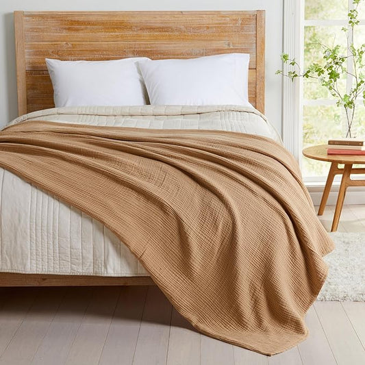 100% Cotton Muslin Full Queen Size Blanket | Soft, Breathable, and Lightweight Bed Blanket for All-Season | Perfect for Layering | Maria Collection (Full/Queen, Beige)