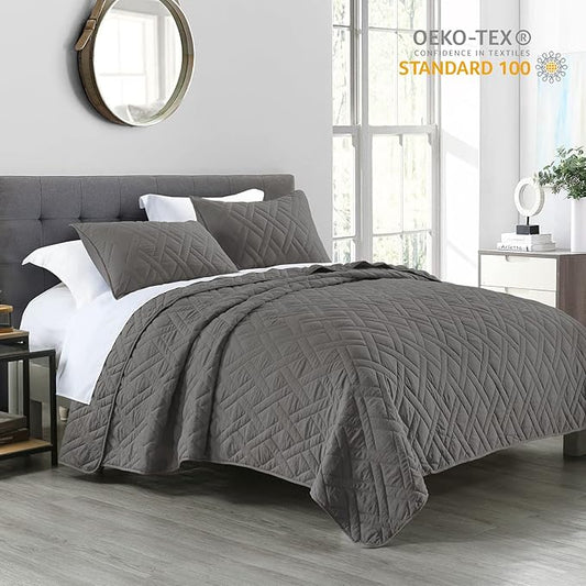 HORIMOTE HOME Quilt Set King Size Grey, Classic Geometric Diamond Stitched Pattern,Microfiber Ultra Soft Lightweight Bedspread Coverlet for All Season, 3 Piece Includes 1 Quilt and 2 Shams
