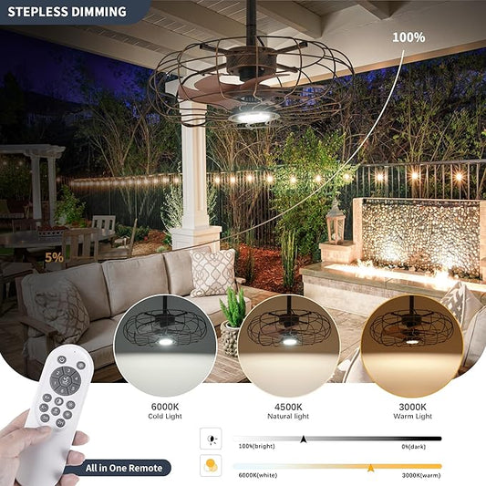 20" Outdoor Ceiling Fan with Light, with Remote and App Remote, IP65 Waterproof Gazebo Hanging Fan, 3CCT Dimmable, Portable Plug in Ceiling Fan with Cord Hook for Patio Porch Pergola (Antique Bronze)