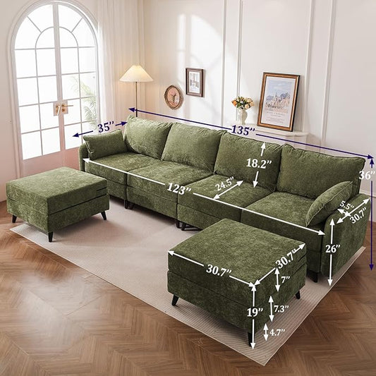 135'' Modular Sectional Sofa with Seats Storage, Oversized U Shaped Couch for Living Room,4-Seater Comfy Cloud Couches with Deep Seat,Movable Ottoman,2 Throw Pillow,Chenille,Green