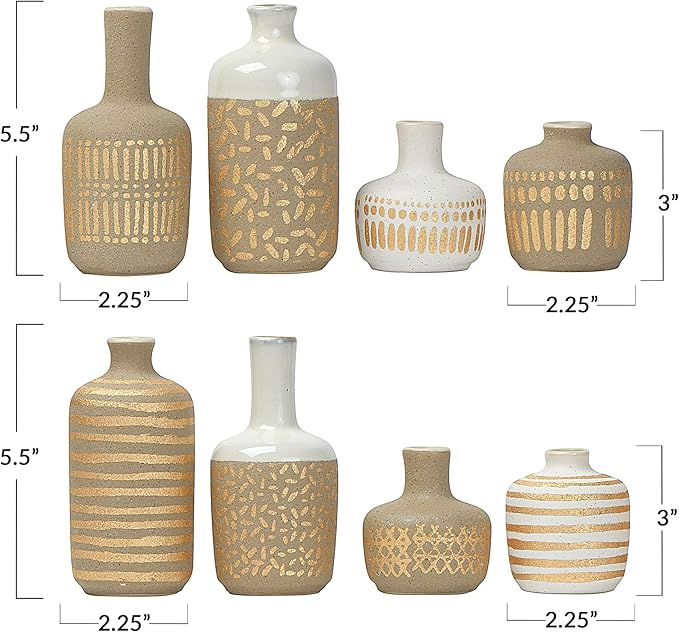 Main + Mesa Stoneware Vases with Gold Pattern, Set of 8