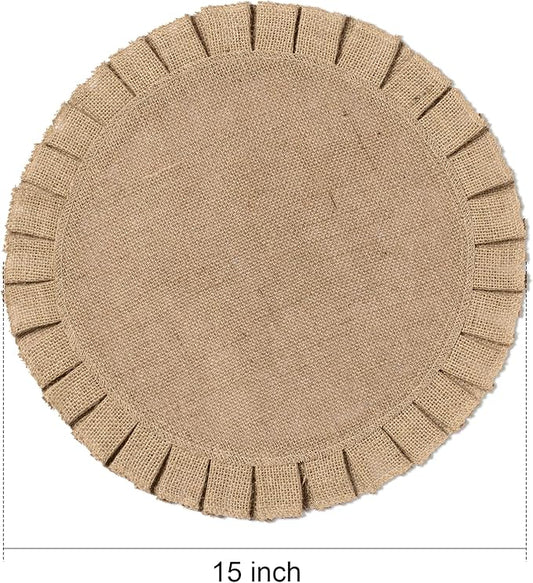 FunWheat Burlap Round Braided Placemats Set of 6 for Dining Tables 15 Inch Heat Resistant Jute Table Mats Farmhouse Woven Fabric Natural Place mats for Decoration(Ruffled Lace)