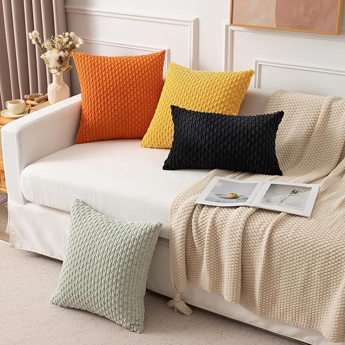 Kevin Textile Velvet Pillow Covers Striped Decorative Throw Cushion Case with Hidden Zipper for Home Couch/Bedroom 2 Pack (24x24 Inch Yellow)