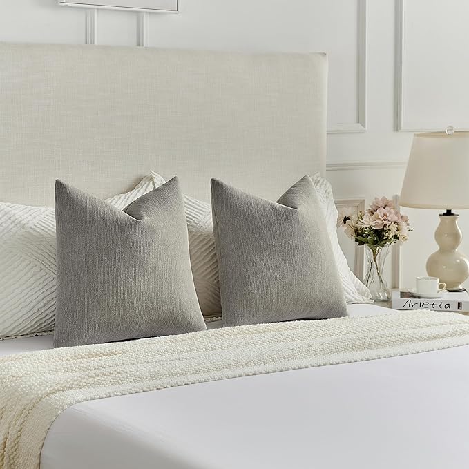 FUTEI Smoke Gray Chenille Decorative Throw Pillow Covers 16x16 Inch Set of 2,Soft Cozy Faux Linen Textured Cushion Case,Farmhouse Home Decor for Couch Living Room