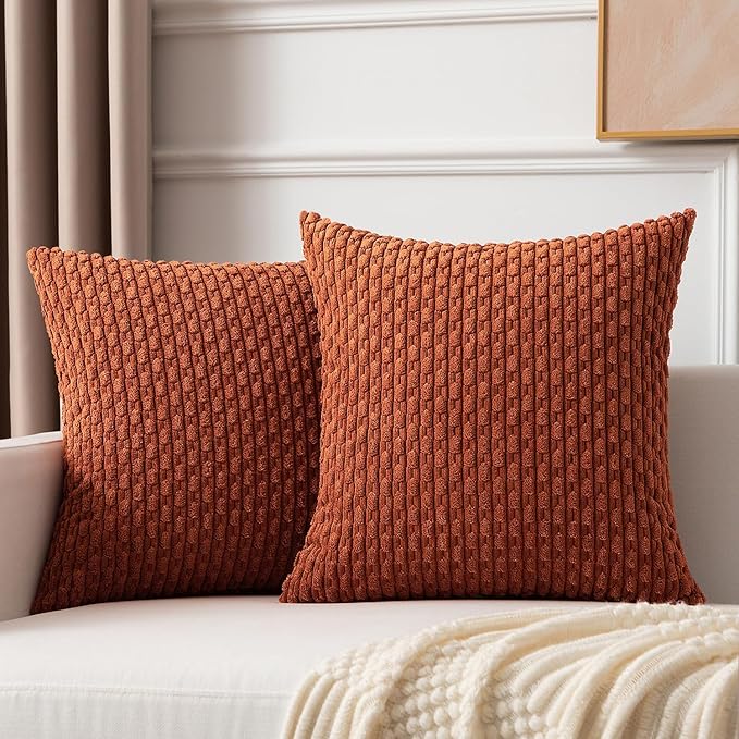 Kevin Textile 2 Packs Fall Boho Decorative Throw Pillow Covers 24x24 Inch for Living Room Couch Bed Sofa Rustic Modern Farmhouse Home Decor Soft Corduroy Square Cushion Case, Rust