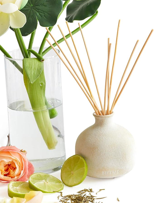 BLUEME Balance-White Lotus & Tea, 5.92 Fl Oz Wellness Diffuser, Contains Essential Oil, Sustainable, Hand Finished, Premium, Luxury Ceramic, Natural Rattan Reeds