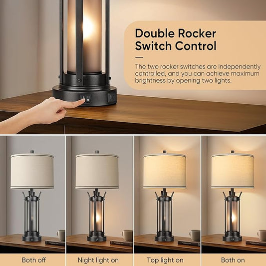 QiMH Farmhouse Table Lamps for Living Room, Beside Lamps for Bedroom with USB A+C Charging Ports, Rustic Nightstand Lamp Set of 2 with Frosted Glass Night Light, 4 Bulbs Included (Black)