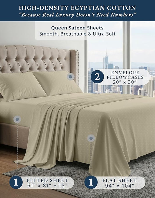 100% Egyptian Cotton Sheet Set Queen Size – Silky Sateen Weave Queen Sheet Set for Winter Sleep Comfort, 15" Snug Fit Deep Pocket, Breathable Hotel-Quality Soft Luxury You Can Feel - Swiss Dot Linen