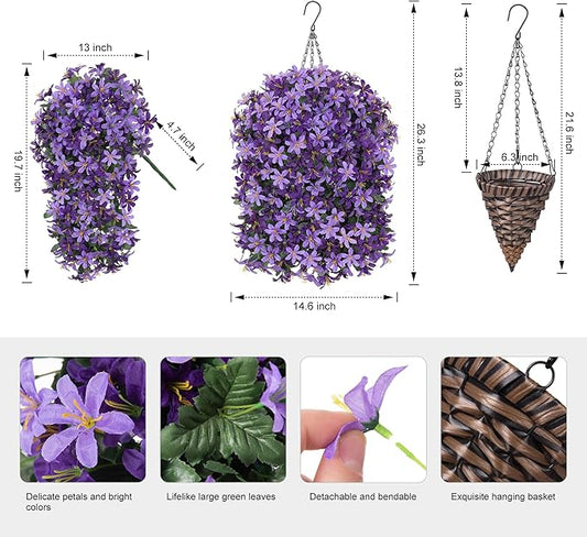 Artificial Faux Hanging Outdoor Plants Flowers Basket for Spring Decoration, Fake Silk Realistic UV Resistant Long Vines Planter for Outside Home Porch Patio (Purple & Light Purple)