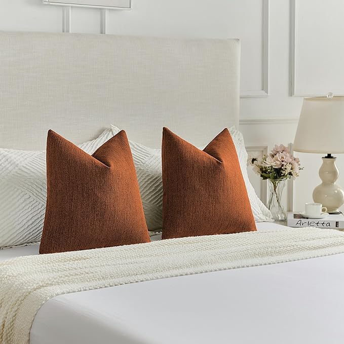 FUTEI Rust Chenille Decorative Throw Pillow Covers 18x18 Inch Set of 2,Soft Cozy Faux Linen Textured Cushion Case,Farmhouse Home Decor for Couch Living Room