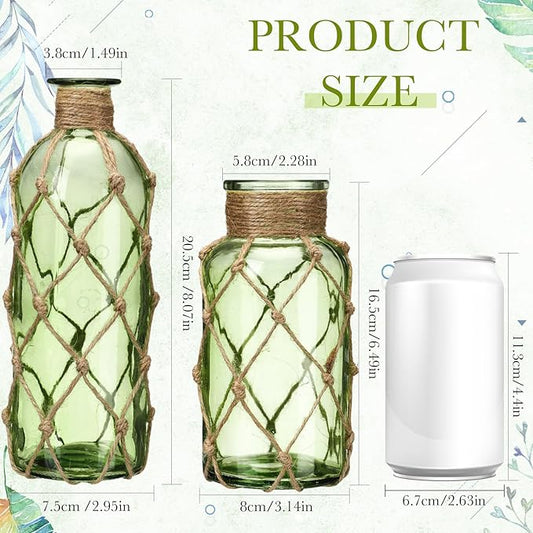Chuangdi Set of 2 Coastal Glass Vases Christmas Vases for Flowers with Boho Rope Christmas Centerpieces for Tables Small Beach Bottle for Nautical Wedding Floral Arrangement Decorations(Green)