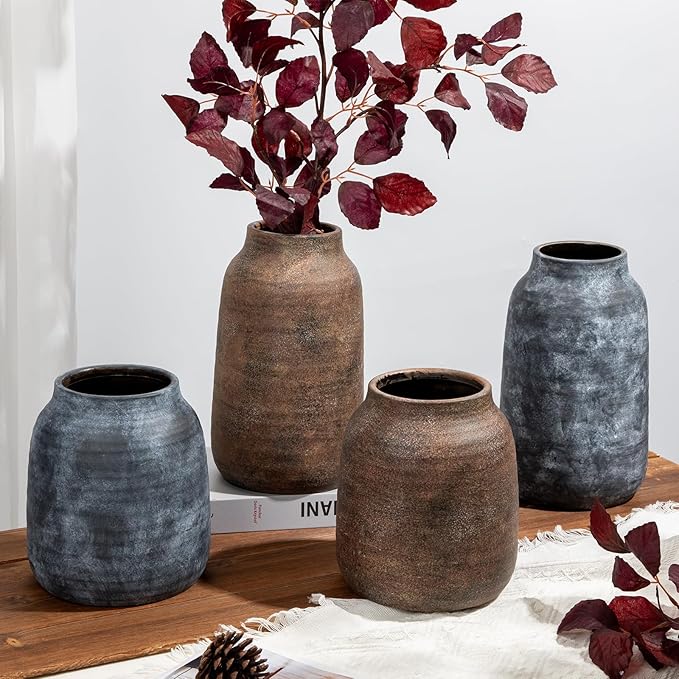Briful 8.3" Rustic Brown Ceramic Vase – Whitewashed Terra Cotta Pampas Vase for Home Decor