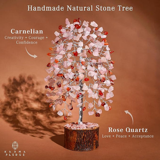 Healing Crystals Chakra Tree of Life for Positive Energy & Protection & Good Luck, Money, Feng Shui Decor for Home and Office Desk Decoration, Spiritual Gifts (Rose, Carnelian Dual Beads)