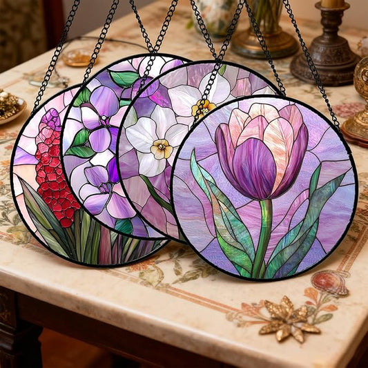 DASTOLL Stained Glass Window Hanging 4 Pcs Set Purple Flower Theme Large 15" - Tulip Suncatcher Door Garden Sun Catcher Decor Birthday Christmas for Plant Lovers Woman Nana Men