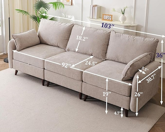 104'' Modular Sectional Sofa with Seats Storage, 3 Seater Sofa Couch with Deep Seat,Oversized Comfy Couch for Living Room,Bedroom,2 Throw Pillow,Chenille,Khaki
