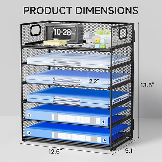 6-Tier Paper Organizer for Desk with Handle, Heavy Duty Metal File Organizer | Stackable Desktop Organizer for Office Supplies, Documents and Stationery Storage