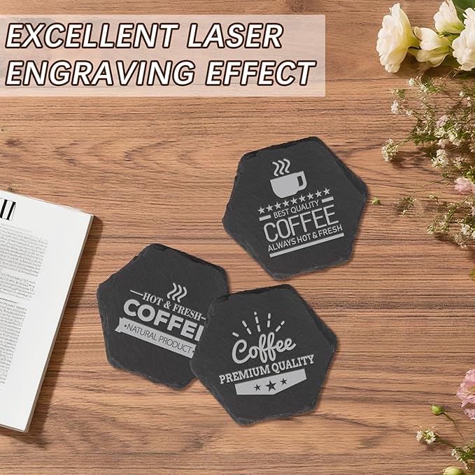 48PCS Slate Coasters for Laser Engraving, 4inch Black Beverage Coasters for Hand Painting, Non-Slip Bottom Mat, Home Office Kitchen Gift Wedding Bar Party(Hexagon)