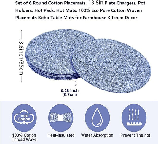 6Pcs Woven Placemats, Mix Blue Cotton Rope Woven Vintage Place Mats, 13.8'' Round Plate Chargers Wicker Tablemats Farmhouse Boho Braided Heat Resistant Outdoor Placemat for Patio Table Decor