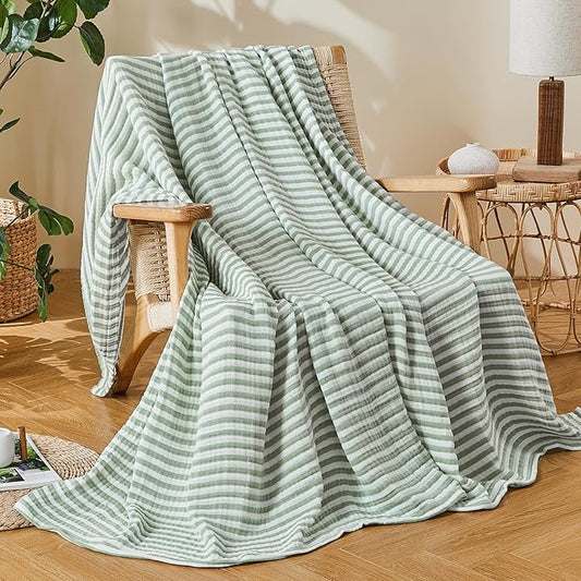 EMME Cotton Muslin King Blanket Bed Layering Bedspread Coverlet Breathable Gauze Soft Lightweight (Striped Sage Green, 108"x90")